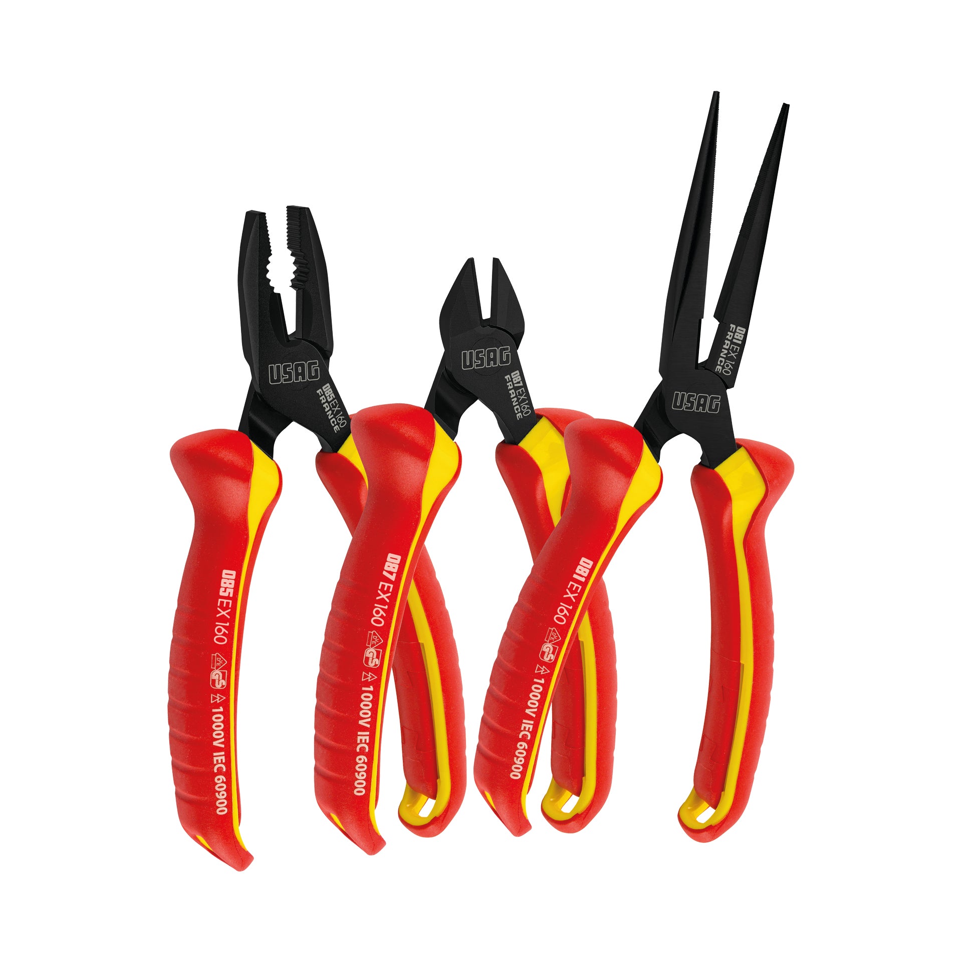 ASSORTMENT with universal pliers, straight half-round nose pliers and diagonal cutting pliers insulated 1000 v - Usag - U00850121 ASSORTMENT with universal pliers, straight half-round nose pliers and diagonal cutting pliers insulated 1000 v - Usag - U00850121